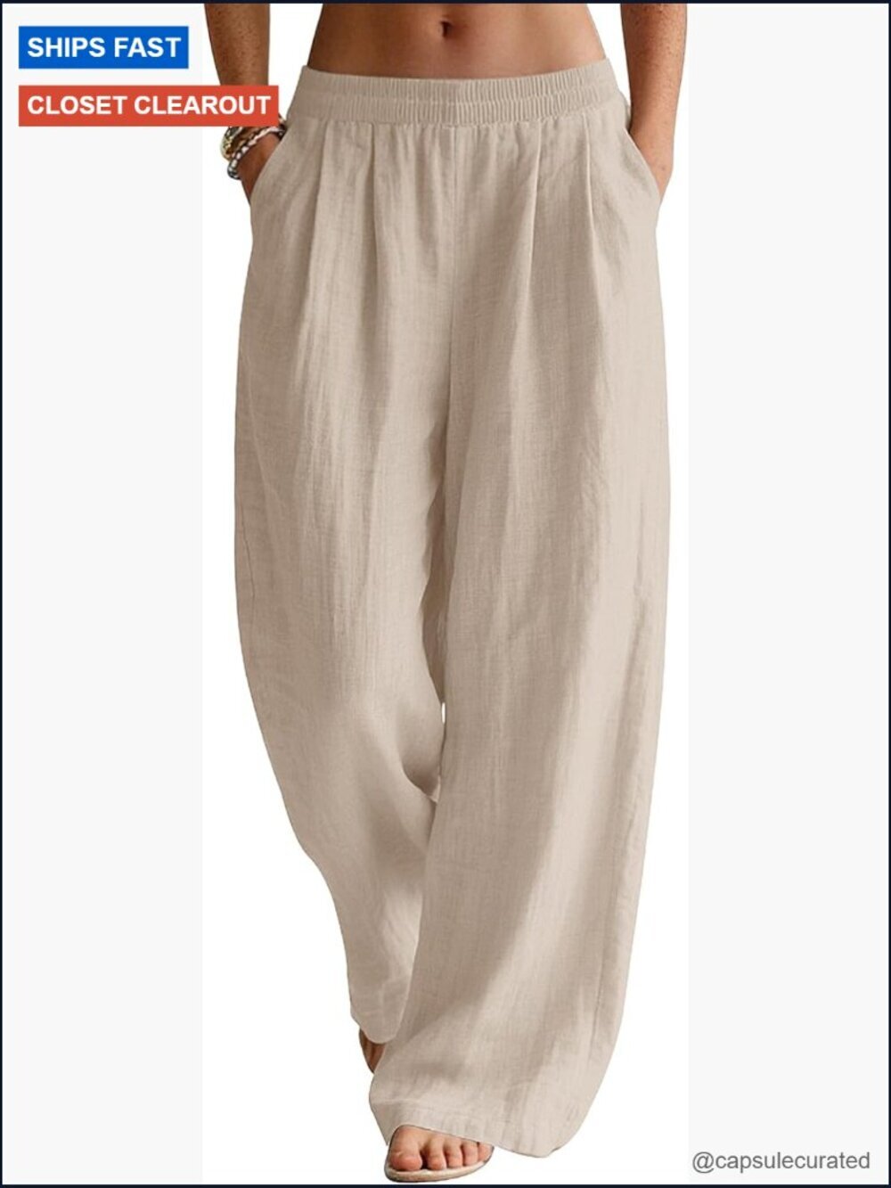 Wide Leg Linen Palazzo Pants with Pockets Elastic Waist Summer Travel Trousers